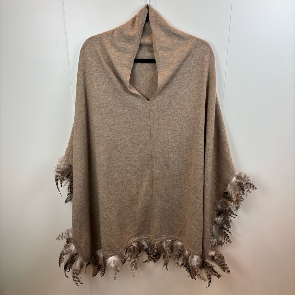 Claudia Nichole Cashmere Merino Beige Shawl Poncho Feather Trim Sweater Luxury